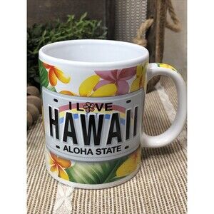 I Love Hawaii Aloha State Coffee Mug Plumeria License Plate Hawaiian Gift Luau